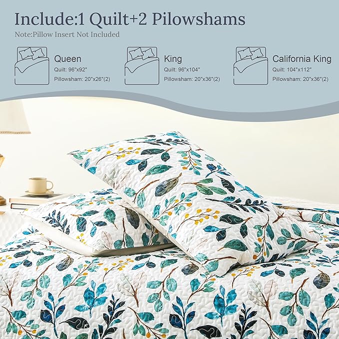 Whale Flotilla Patchwork Quilts Queen Size, Extra Soft Floral Bedspreads | Reversible Lightweight Full Queen Quilt Bedding Set for Bed, White Green Printed Coverlets, 2 Pillow Shams for All Seasons