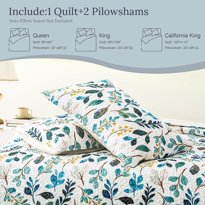 Whale Flotilla California King Size Quilt Set, Soft Floral Leaf Bedspreads | Reversible Lightweight Oversized Quilt Bedding Set for Bed, White Green Printed Coverlets with 2 Pillow Shams for All Seasons
