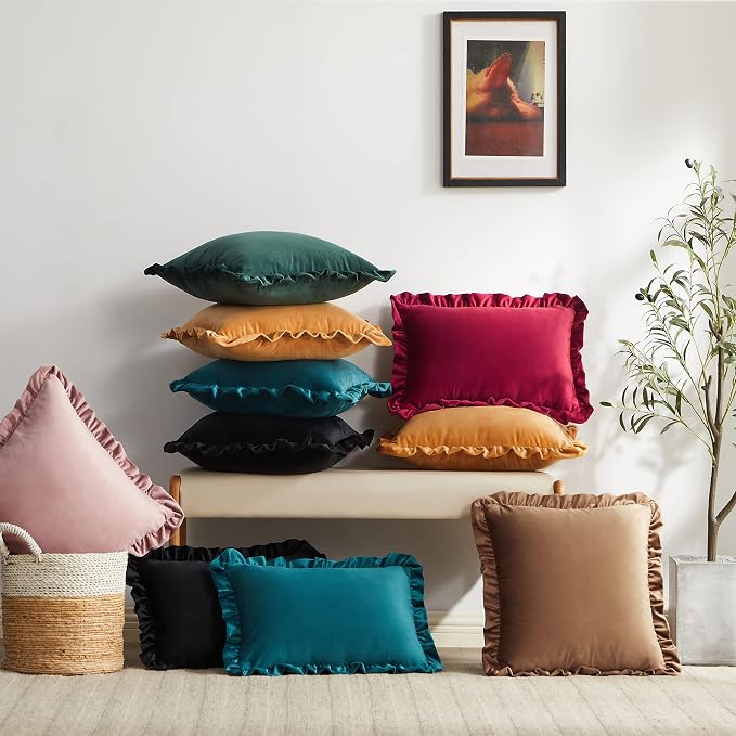 GIGIZAZA Velvet Cream 16x16 Pillow Covers, Set of 2 Decorative Ruffle Ivory Cushoin Pillow Covers for Sofa Couch