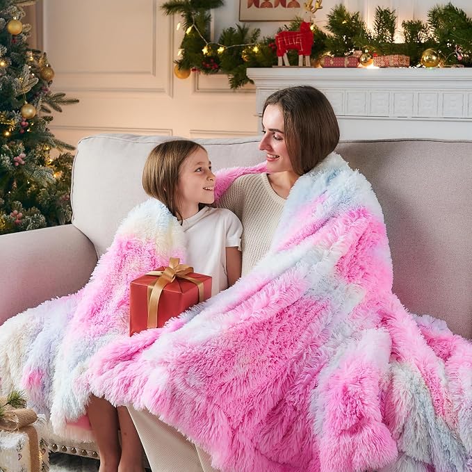 GONAAP Fuzzy Faux Fur Twin Blanket for Couch, Tie-dye Rainbow, 60"x80" | Warm Cozy Plush Shaggy Decorative Reversible Thick Non-Heated Fleece Blanket for Sofa Bed, Gift for Women Men, All Season Use