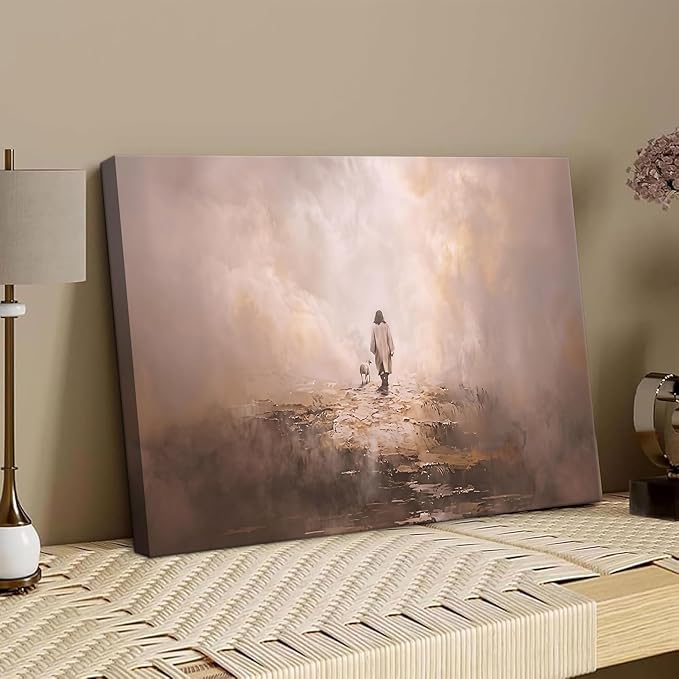 Jesus Leaves the 99 Sheep Wall Art, Christian Jesus and Lamb Canvas Wall Decor Paintings, Religious The Lost Sheep Prints Artwork Pictures for Living Room Bedroom Church Prayer 12x16 Inch Fraemd
