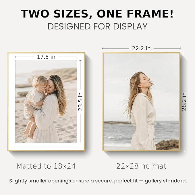 22x28 Poster Frame Gold, Aluminum Metal 22 x 28 Frame with Removable Mat, 22 by 28 Gold Picture Frame Matted to 18x24 Photo, Real Tempered Glass for Home and Office Gallery Wall, 1 Pack