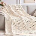 Negwoo Chunky Knit Throw Blanket, Knitted Throw Chenille Yarn, 40"*50" | Soft Thick Cable Knitted Blankets, Handmade Big Thick Blanket, Machine Washable Cute Comfy Blanket for Home Decor,Cream White