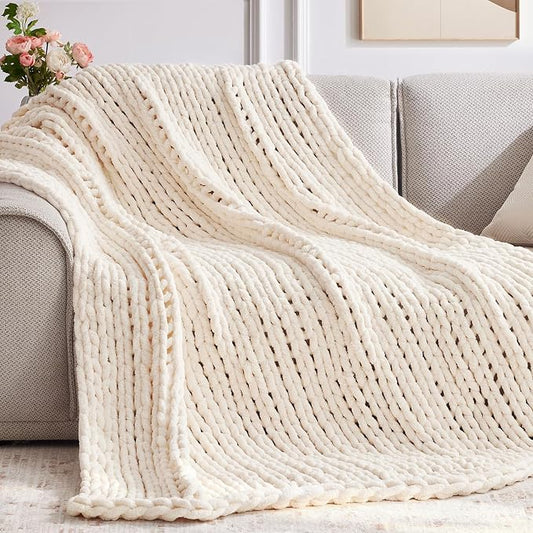 Negwoo Chunky Knit Throw Blanket, Knitted Throw Chenille Yarn, 80"*90" | Soft Thick Cable Knitted Blankets, Handmade Big Thick Blanket, Machine Washable Cute Comfy Blanket for Home Decor,Cream White