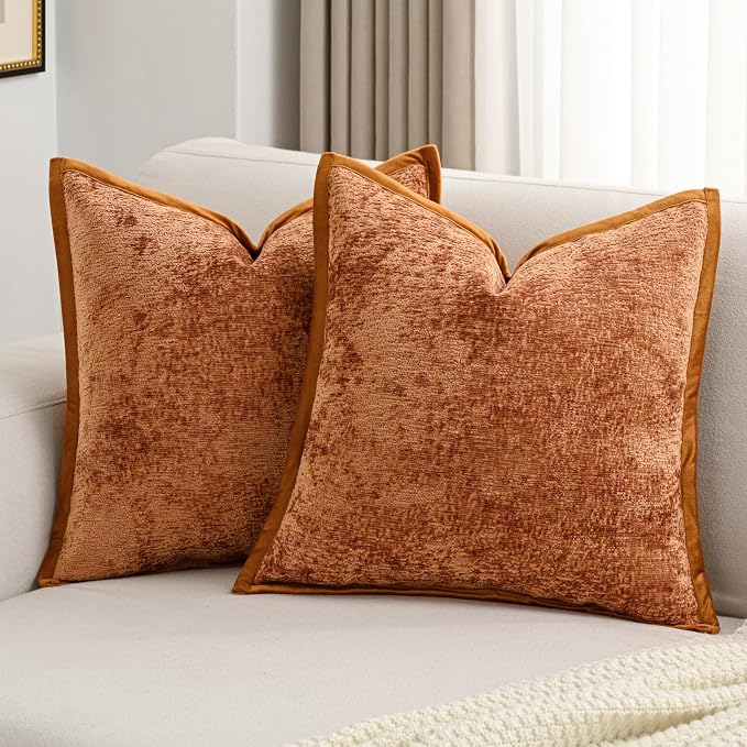 Rust Chenille Soft Throw Pillow Covers 24x24 Inch Set of 2
