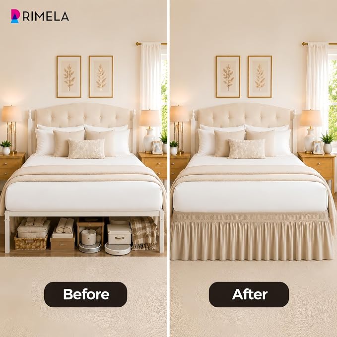 Light Camel Bed Skirt Queen Size 18" Drop, Elastic Wrap Around Bedskirt | Solid Ruffled, Easy to Use, No Mattress Lifting, Wrinkle & Fade Resistant, with Adhesive Strips, Machine Wash/Dry/Iron