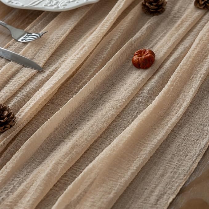 3Pcs Deep Beige Cheesecloth Table Runner 120 Inches for Party Home Decor | For Wedding Baby Shower Bridal Shower Birthday Engagement Party 10FT Rustic Boho Home Decorations