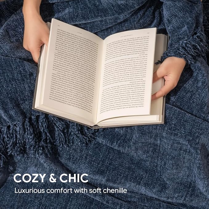 RECYCO Chenille Throw Blanket for Couch, 50"x60", Blue | Super Soft Knit Throw Blanket with Fringe Tassels, Lightweight Knitted Throw, Cozy, Ideal for Sofa Chair Bed Living Room Gift
