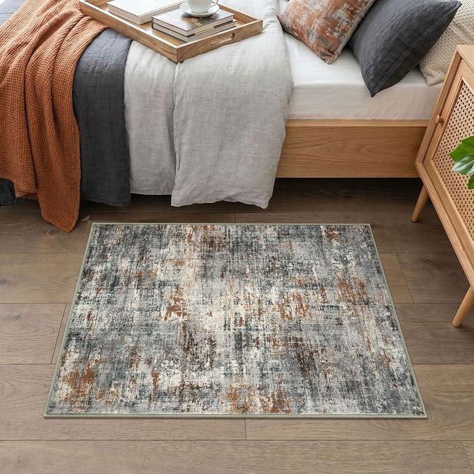 Lansny Abstract Washable Entryway Rug 2x3 Area Rug Small Non Slip Door Mat | Grey/Multi;Thin Printed Faux Wool Kitchen Rugs;Indoor Front Door Rug;Entry Rug;Throw Rugs for Foyer,Entrance;Floor Carpet
