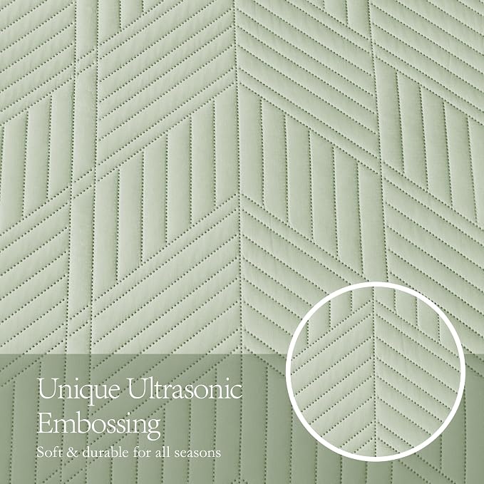 Davulos Queen Quilt Bedding Set,Sage Green Ultrasonic Full/Queen Quilt Set Reversible Microfiber Bedspread,Lightweight Soft Modern Geometric Coverlet Set for All Seasons(1 Quilt,2 Pillow Shams)