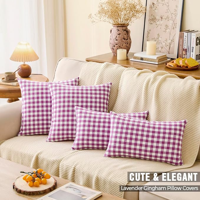Outdoor Lavender Gingham Plaid Decorative Lumbar Pillow Cover 12x20(Purple) | Set of 2 Couch Lumbar Pillow Covers 12 x 20, Aesthetic Room Decor, Outdoor Porch Patio Pillow, Farmhouse Pillow Covers