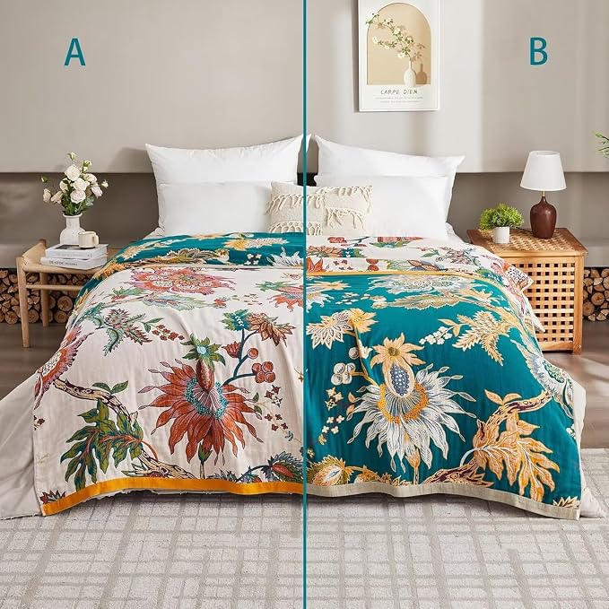 Boho Throw Blanket for Bed 100% Cotton Bohemian Blankets Ultra Soft Woven Muslin Decorative Blankets All Seasons Vintage Quilt Knitted Blanket for Sofa Chair(Beige, 80"x90")
