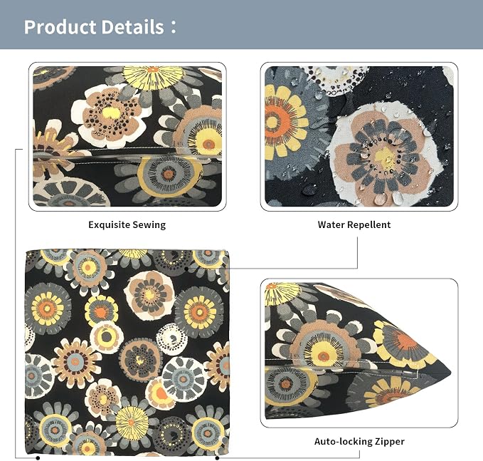 Outdoor Throw Pillow Covers 16x16 Inch, Square Patio Pillow Cases Pack of 2, Modern Decorative Back Cushion Covers for Patio Furniture Garden Couch Farmhouse,Black Yellow Crosby