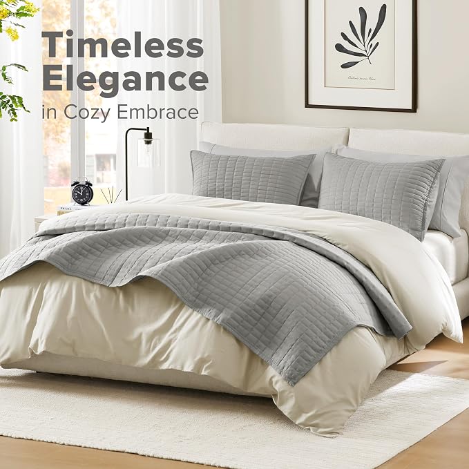 Comfort Spaces - CS14-0060 Kienna Quilt Coverlet Bedspread Ultra Soft Hypoallergenic All Season Lightweight Filling Stitched Bedding Set, King 104"x90", Gray 2 Piece | Soft Cozy Lightweight Summer Coverlet Cal King, Quilted Bedspreads Extra Layer, Mode...
