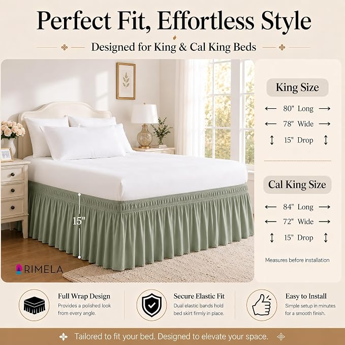 Sage Green Bed Skirt King Size 15" Drop, Elastic Wrap Around Bedskirt | Solid Ruffled, Easy to Use, No Mattress Lifting, Wrinkle & Fade Resistant, with Adhesive Strips, Machine Wash/Dry/Iron