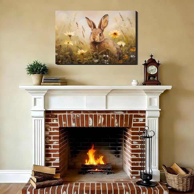Field Floral Easter Bunny Framed Canvas Wall Art, Easter Themed Landscape Painting Print for Enterway, Fireplace,Rabbit Canvas Art & Holiday Office Home Decor, Ready to Hang