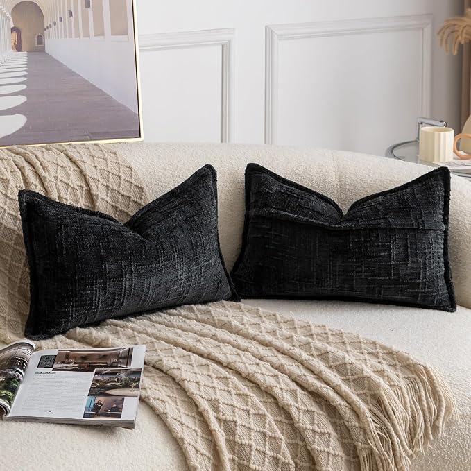 MADIZZ Pack of 2 Chenille Throw Pillow Covers 12x20 Inch Black Soft Neutral Decorative Throw Pillows for Couch Sofa Boho Accent Cushion Covers Modern Farmhouse Home Decor for Bedroom Living Room