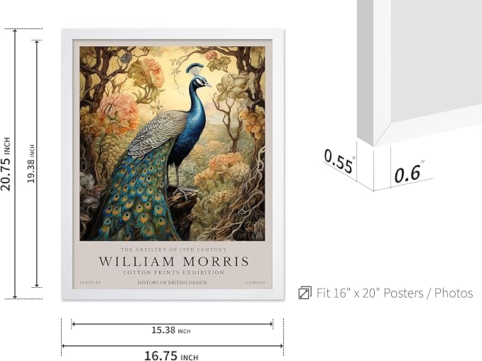 Poster Master William Morris Poster - Peacock Print - Bird Art - Botanical Design - Flower Art - Exhibition Display - Animal Illustration - Floral Design - Aesthetic Office or Bedroom Decor - 16x20 White Framed