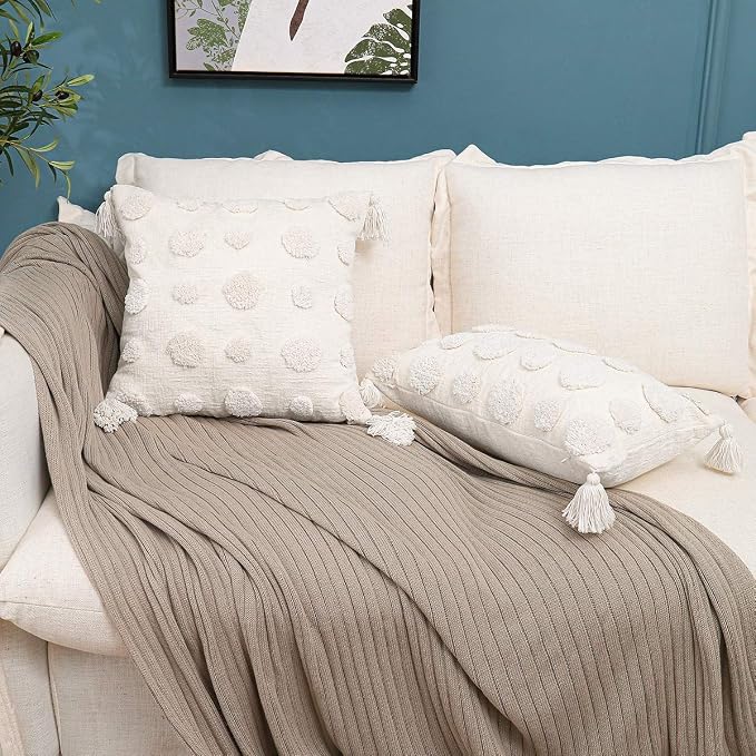 PLWORLD Boho White Lumbar Pillow Cover 12x20, Tufted Cream Chenille Case with Pom Poms & Tassels, 1PC Cover Only, No Insert
