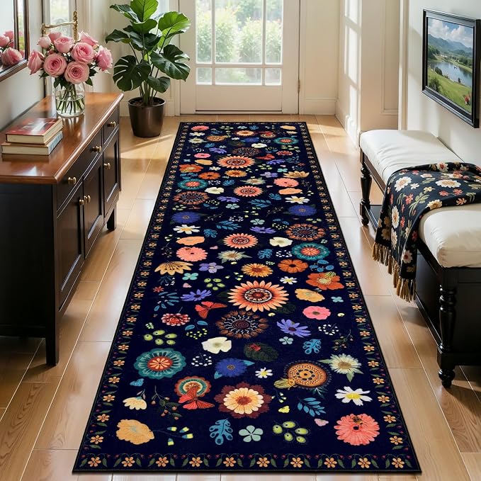 Ciicool 2x8 Hallway Runner Rug Floral Non Slip Washable Kitchen Rugs | Boho Soft Low Pile Long Carpet for Entryway Laundry Bedroom Carpets