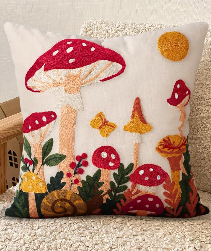 Embroidered Throw Pillow Cover 18x18 Inch, Mushroom Moon | Decorative Pillow Cover, Boho Cottagecore Cushion Case with Hidden Zipper, Home Decor for Couch, Sofa, Living Room, Bedroom
