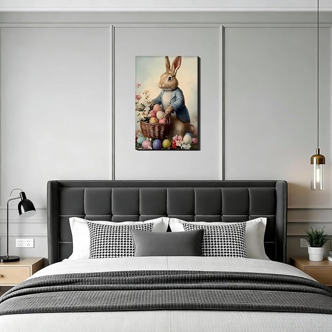 Vintage Easter Rabbit Eggs Canvas Art 12x18, Colorful Cozy Spring Bunny Pictures Wall Art, Perfect for Easter Bathroom Bedroom, Living Room Holiday Wall Decorations