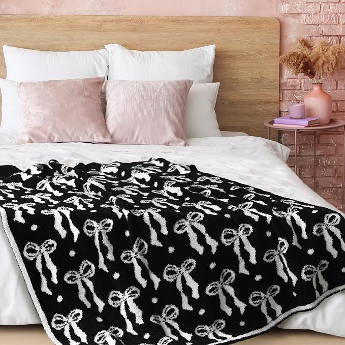 Buryeah Black Bow Blanket Soft Microfiber Double Sided Bow Throw Blanket 50"x 60" Coquette Aesthetic Dormitory Room Decor Plush Sofa Chair Bedding Stuff for Women, Christmas Fall Thanksgiving Gifts