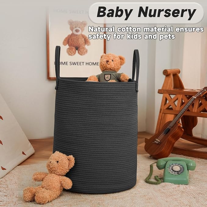 JMvicyroam 100L Cotton Rope Laundry Basket Hamper, Black | Collapsible laundry basket, reinforced handles, freestanding, machine washable, holds 3-5 thick blankets, clothes or toys