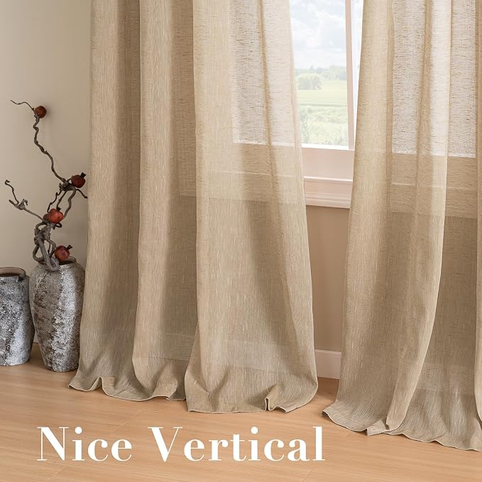 H.VERSAILTEX Linen Curtains Flax Linen Blended Curtain Panels for Living Room/Bedroom Semi Sheer Privacy Curtains 84 inch Length 2 Panels Set Nickel Grommet Window Drapes-Taffy