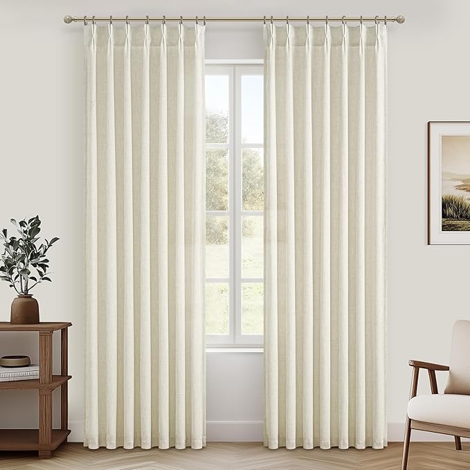 Pinch Pleated Linen Curtains 84 Inch Length 2 Panels Set for Living Room, Rustic Farmhouse Cream Beige Viral Sheer Bedroom Curtain Light Filtering Privacy Thick Drapes 7 FT Long Windows Burg Back Tab
