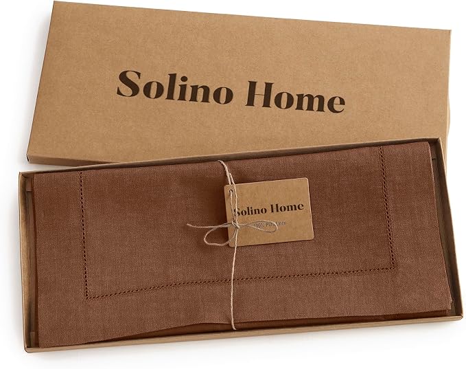 Solino Home 100% Linen Table Runner Brown, Classic Hemstitch 14 x 120 in | dresses up dining tables for everyday meals, hemstitched border, mitered corners, machine washable, Brown, OEKO-TEX Certified