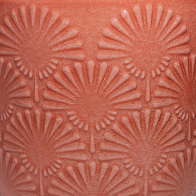 Boho Ceramic Flower Pot, 6.7" Modern Planter for Indoor Outdoor Plants | Decorative Glazed Embossed Fanburst Texture Plant Pot with Drainage Hole & Plug, Bohemian Chic Home Garden Decor, Coral Blush