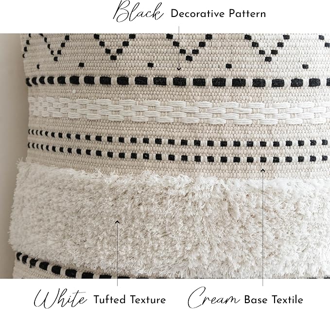 BlissBlush 12x20 Lumbar Pillow Cover, Cream Neutral Rectangular Decorative Cushion Cover with Black Pattern, Cotton Boho Accent Pillowcase with Tassels for Couch Sofa Living Room (Cover Only)