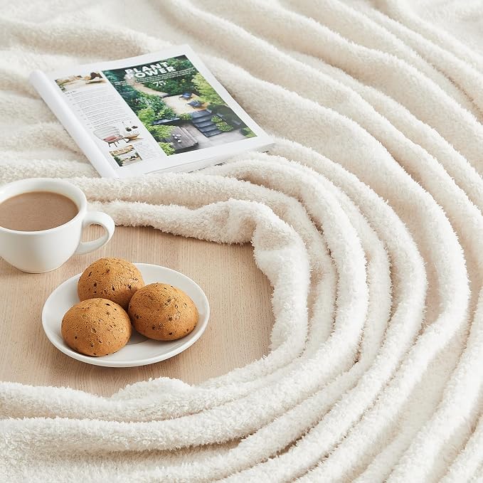 CYMULA Knit Throw Blanket for Couch Cream White - Super Soft Lightweight Plush Fuzzy Fluffy Cozy Blankets and Throws for Sofa Bed, 50 x 60 inches