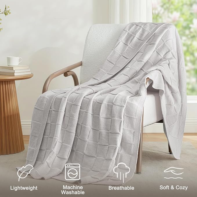 Whale Flotilla Checkered Knit Throw Blanket for Couch, Light Grey | Soft Decorative Knitted Blankets for Couch Sofa Bed, Lightweight Cozy Throws for Spring Summer, 50x60 Inch