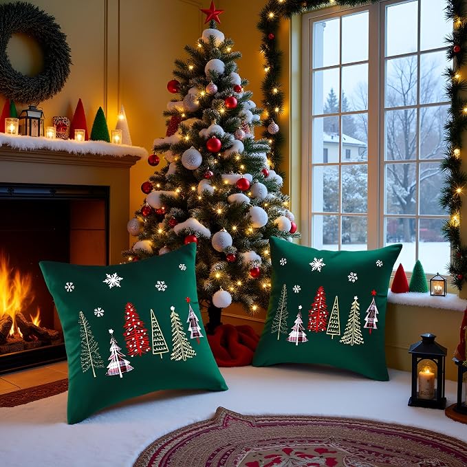 Christmas Embroidery Throw Pillow Covers 24 x 24 inch Set of 2 Xmas Dec Velvet Pillowcases Forest Green Christmas Trees Cushion Pillow Cases Soft Square Holiday Pillowcase