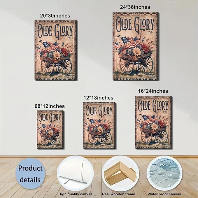 Framed Olde Glory 1776 American Flag Wall Art, Patriotic Vintage Canvas Art Pictures, USA Flag Flower Wall Decor, Made in USA Ready to Hang for Living Room Entryway