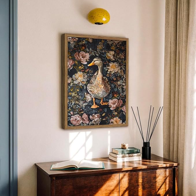 Vintage Mallard Duck Wall Art, Duck Wall Decor Painting Moody Floral Animal Poster Canvas Print Picture for Living Room Bedroom 12x16 inch Wood Framed