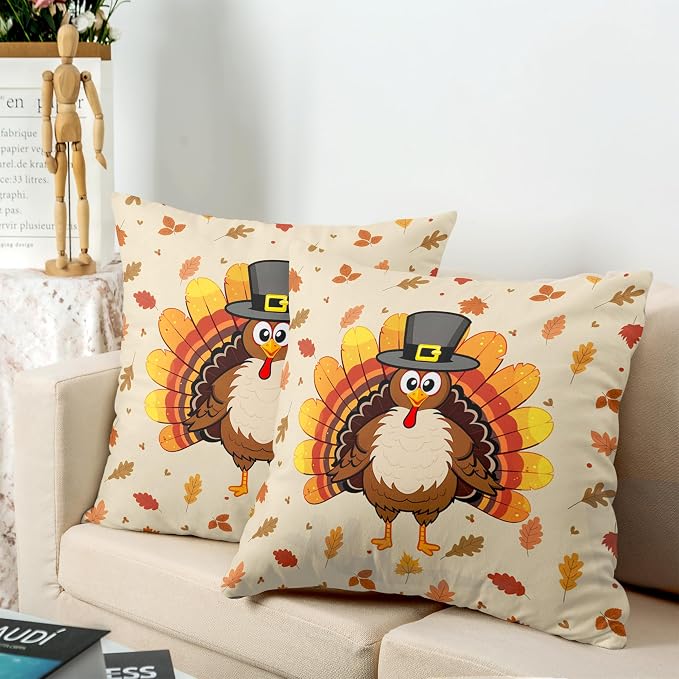 Happy Thanksgiving Pillow Covers 18x18 Cute Cartoon Turkey with Fall Maple Leaves Throw Pillow Covers Square Cotton Blend Pillow Case Set of 2 for Living Room Sofa Bedding