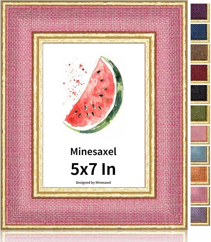 5x7 Picture Frame - Soft Pink Fabric & Vintage Gold Border HD Real Glass with Easel for Tabletop/Wall (Family Photos, Nursery Decor 1 Pack)