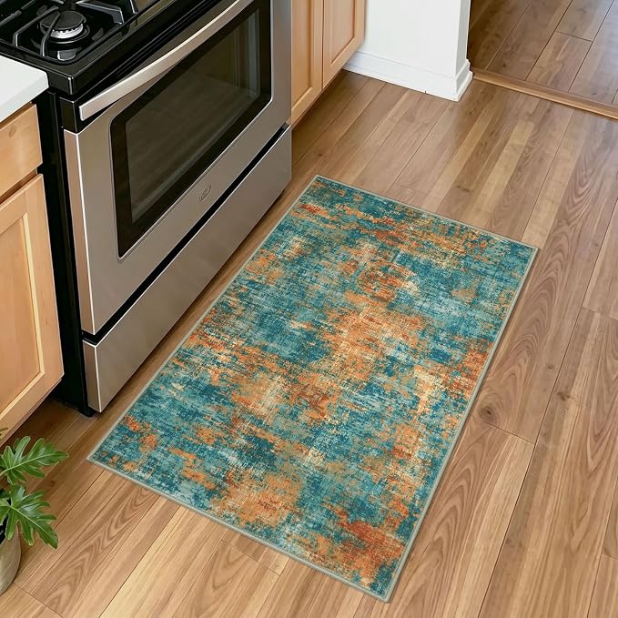 Lansny Abstract Washable Entryway Rug 2x3 Area Rug Small Non Slip Door Mat | Teal/Orange;Thin Printed Faux Wool Kitchen Rugs;Indoor Front Door Rug;Entry Rug;Throw Rugs for Foyer,Entrance;Floor Carpet