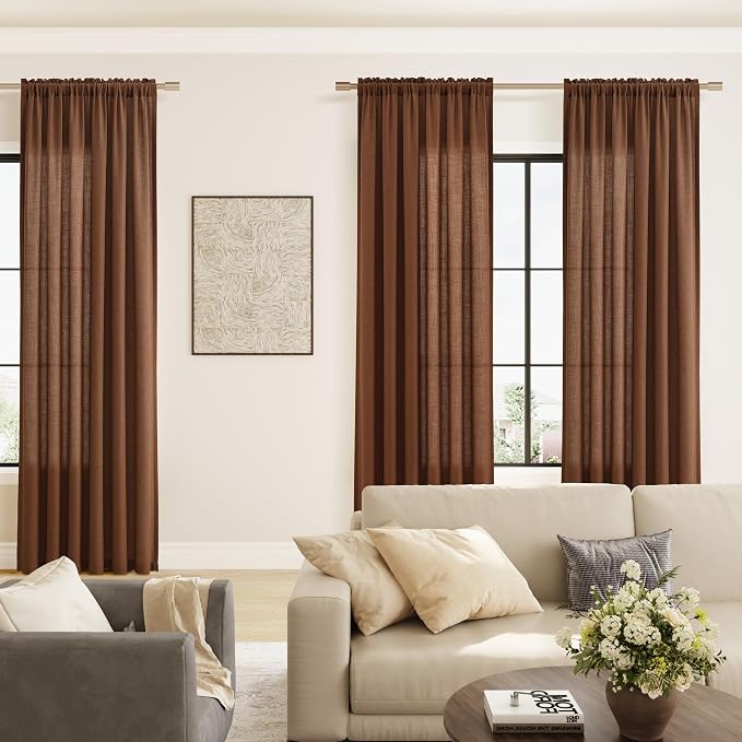 Caramel Brown Linen Curtains 108 Inches Long 2 Panel Set Rod Pocket Semi Sheer Dining Room Cozy Bedroom Decor Cotton Look Country Rustic Farmhouse Boho Curtains 52x108
