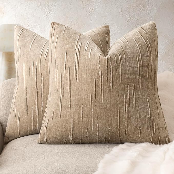 Foindtower Pack of 2 Slubby Textured Chenille Throw Decorative Pillow Covers Square Accent Solid Cushion Cover Neutral Farmhouse Pillow Case for Couch Sofa Bedroom Living Room 24x24 Inch,Khaki Camel