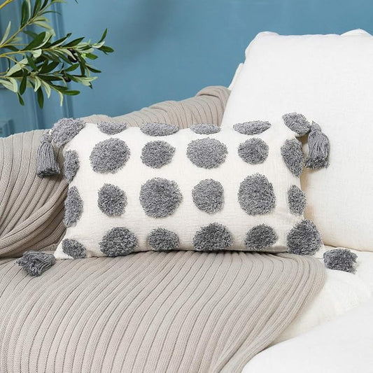 PLWORLD Boho Gray Lumbar Pillow Cover 12x20, Tufted Pom Pom Tassel Chenille Cushion Case, 1PC Cover Only, No Insert