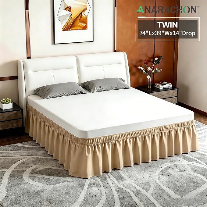 ANARACHON Twin Bed Skirt, Elastic Wrap Around Bed Skirt Twin Size, Bed Skirts for Adjustable Bed, Easy Fit with 14" Drop Length Tailored Drop Dust Ruffle (Gold)