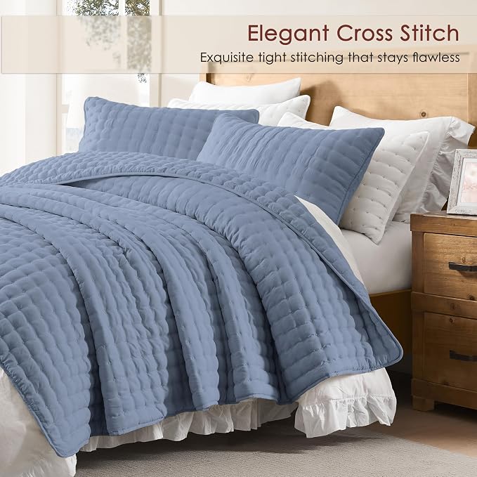 WDCOZY Dusty Blue Cloud Quilt Set King Size, Lightweight Soft Cross Stitch Bedspread, Farmhouse Rustic Country Coverlet, Spring Summer Thin Comforter, 3 Pieces, 2 Pillow Shams, 104x90 inches
