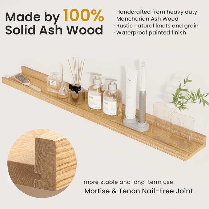 Acovy Solid Ash Wood Picture Ledge Shelf, Wood Floating Shelves Set of 2, 48 Inch Long Large Photo Ledge Shelves, Nursery Book Shelves Wall Mounted for Living Room Kids' Bedroom Decor, Natural