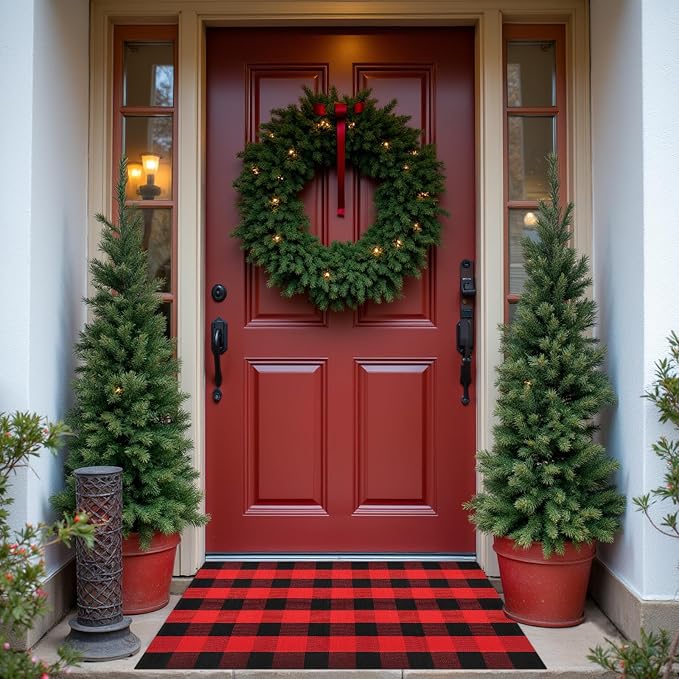 Buffalo Plaid Area Rug, Checkered Rug 27.5x43 Inches, Black and Red Rug, Washable Cotton Mat for Front Porch, Entryway, Kitchen, Living Room, Christmas Decor