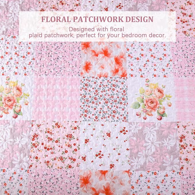 Mybedsoul Boho Quilt King Size, Patchwork Bedding Set, Pink White | Soft Lightweight Microfiber Floral Coverlet Set, 3 Pieces Plaid Bedspread, Bed Sets for All Seasons 90"x110"