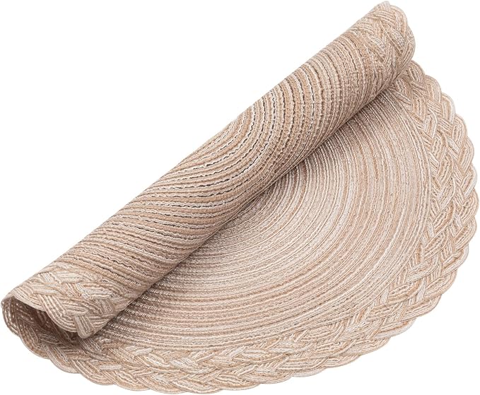 SHACOS Round Placemats Set of 4 Boho Braided Border 15 inch Circle Place Mats Washable Fabric Table Mats for Kitchen Dining Table, Beige (Pack of 2)